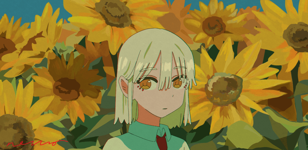 向日葵畑の中にいる少女