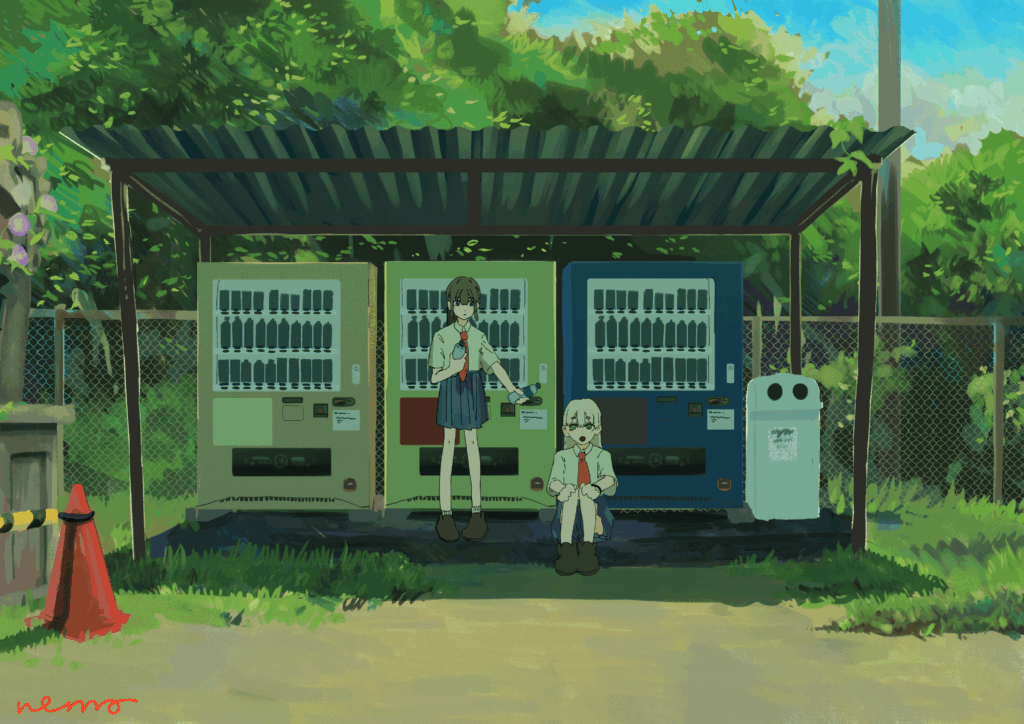 校舎裏にある自販機で休む二人を描いたイラスト。