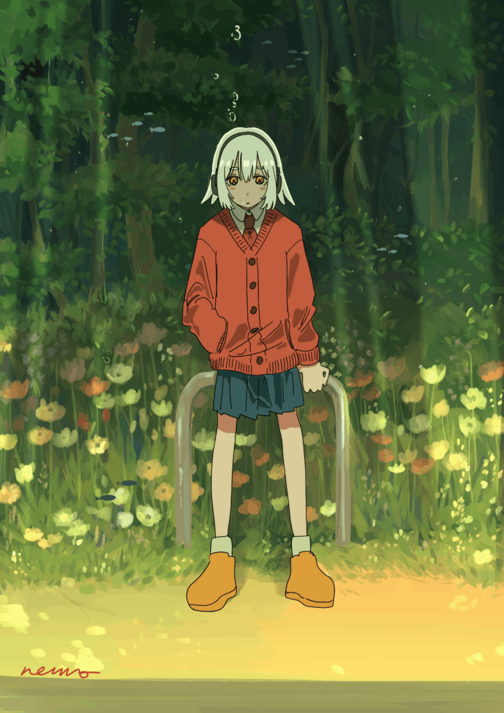 花を背景にただづンでいる少女のイラスト